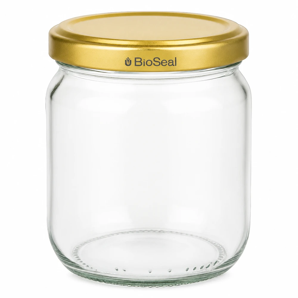 Vasetto per miele da 500 g con capsula dorata BioSeal UNiTWIST Vasetto per miele da 500 g vuoto con coperchio a vite BioSeal dorato per miele e marmellata