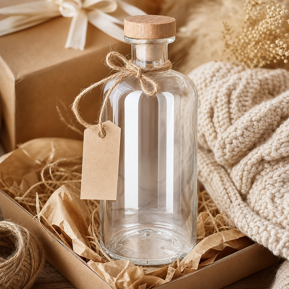 Flacone farmaceutico da 500 ml Flora con tappo in sughero con impugnatura in legno UNiTWIST® Bottiglia in vetro Flora da 500 ml con tappo in legno e targhetta regalo in confezione regalo rustica con cordino di iuta