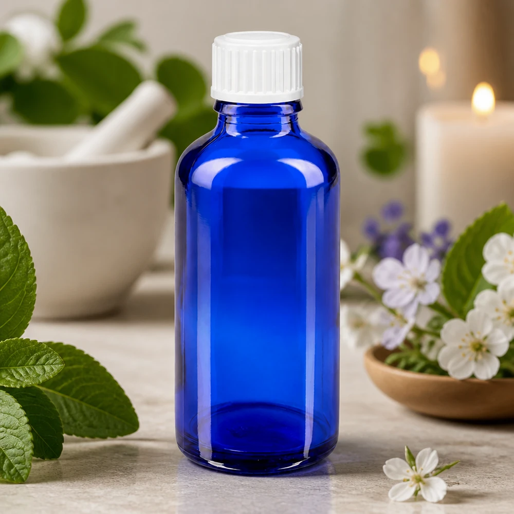 Flacone di vetro blu da 50 ml con tappo a vite bianco, circondato da erbe aromatiche fresche e fiori