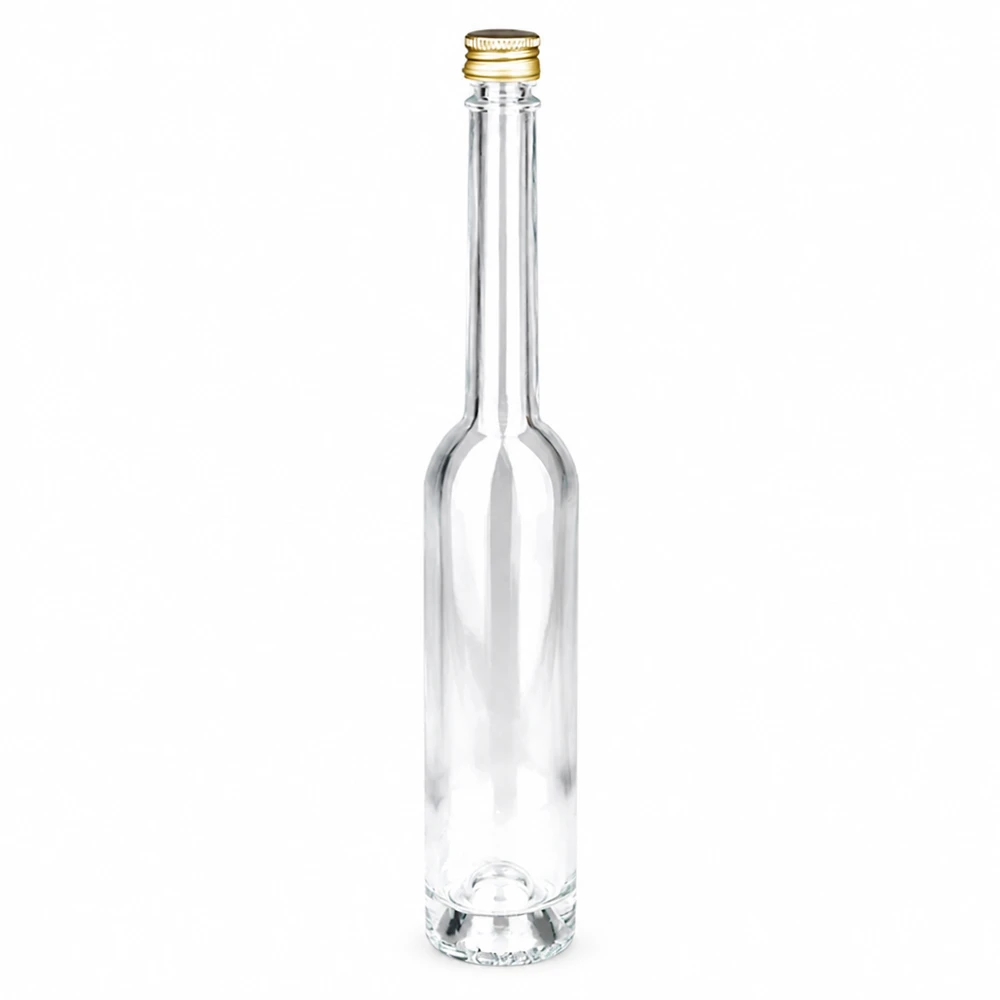 Bottiglia in vetro da 100 ml Toni con tappo a vite dorato UNiTWIST - vetro trasparente, forma sottile, ideale per i liquori