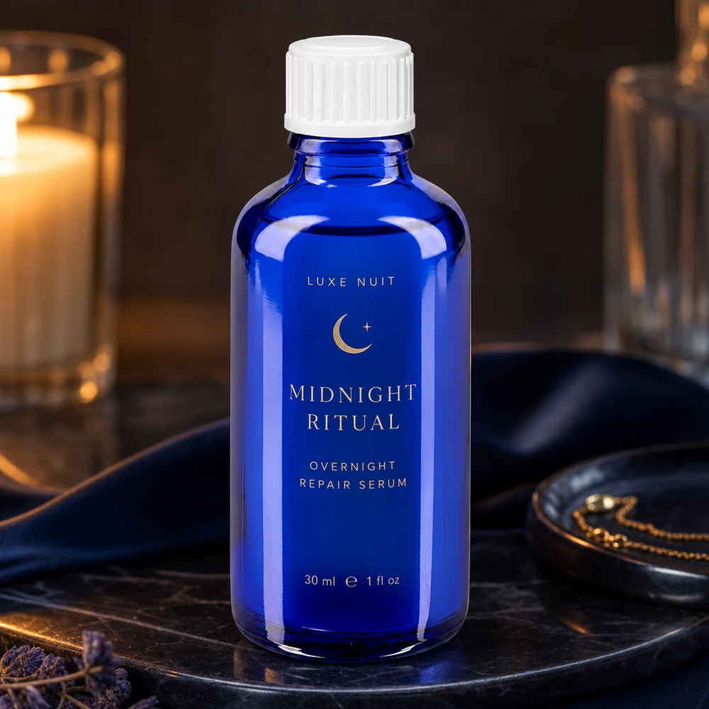Flacone in vetro blu cobalto da 30 ml con tappo a vite bianco, da utilizzare come flacone per sieri nei cosmetici naturali