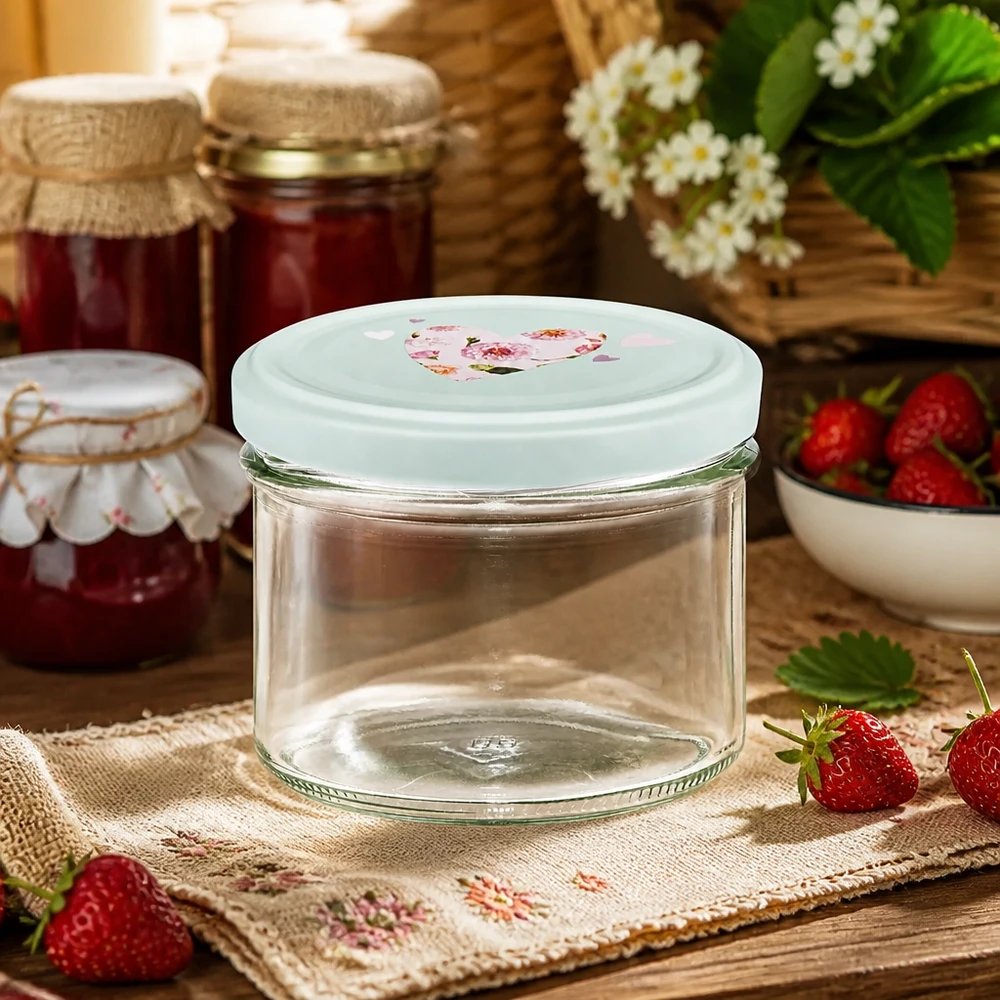 Bicchieri da 225 ml + coperchio BasicSeal cuore menta UNiTWIST Bicchieri vuoti da 225 ml con coperchio a cuore BasicSeal alla menta davanti a un barattolo di marmellata rustico con fragole