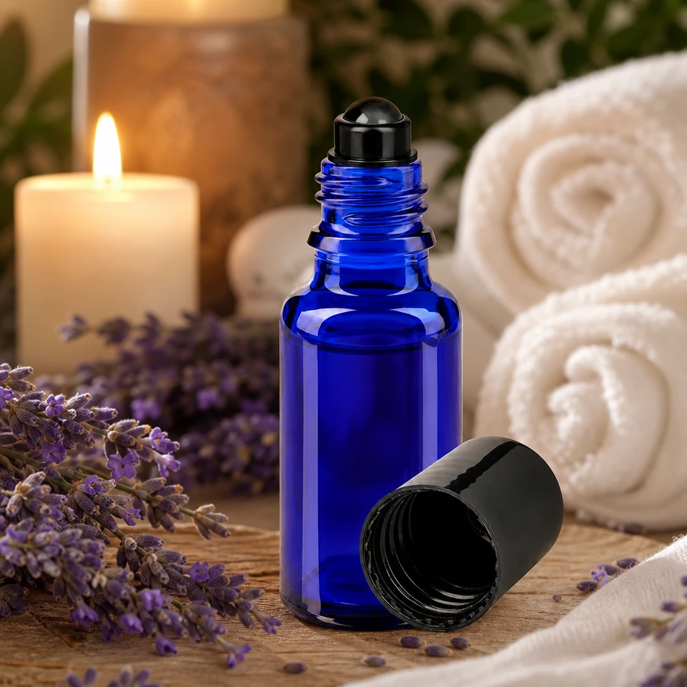 Flacone roll-on 20ml blu STD nero ApoGlas Flacone roll-on da 20 ml in vetro blu con lavanda e candela in un’atmosfera da spa