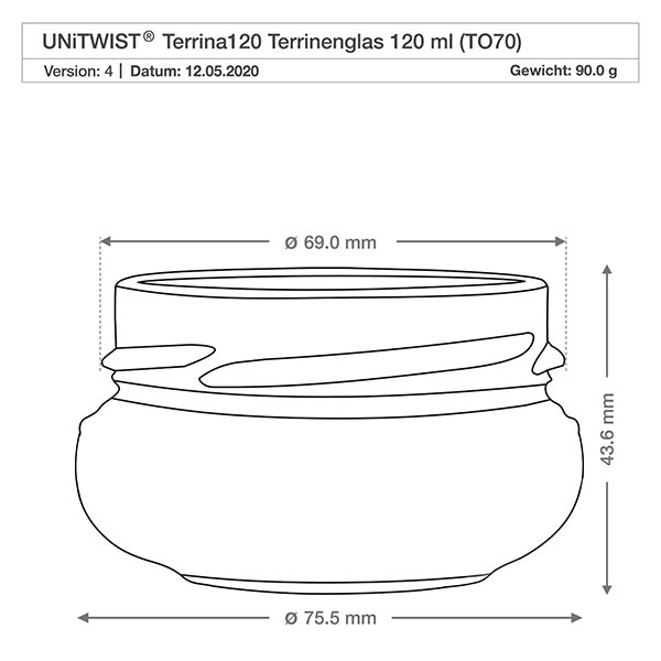 UNiTWIST Terrina120 - Vaso per terrine, capacità 120ml TO70 UNiTWIST Terrina120 zuppiera in vetro 120ml TO70 con disegno tecnico e dimensioni 69mm diametro 43,6mm altezza