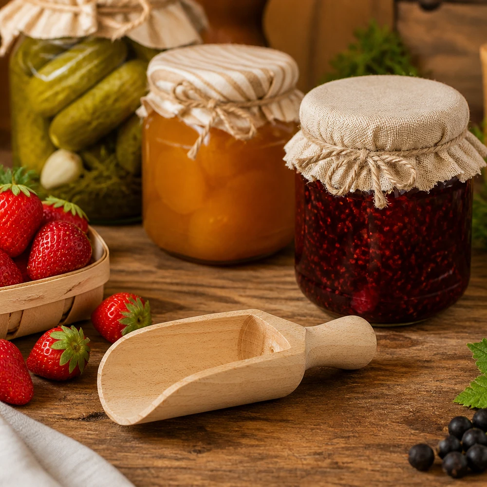 Paletta di legno M 14cm semicircolare in cucina rustica decorata con vasetti di marmellata e fragole fresche