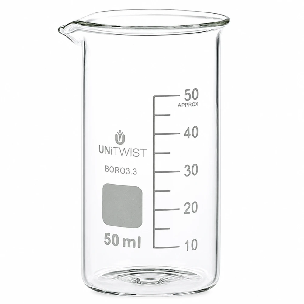 Bicchiere da laboratorio da 50 ml, modello alto, in borosilicato, prodotto da UNITWIST, con scala graduata in millilitri fino a 50 ml