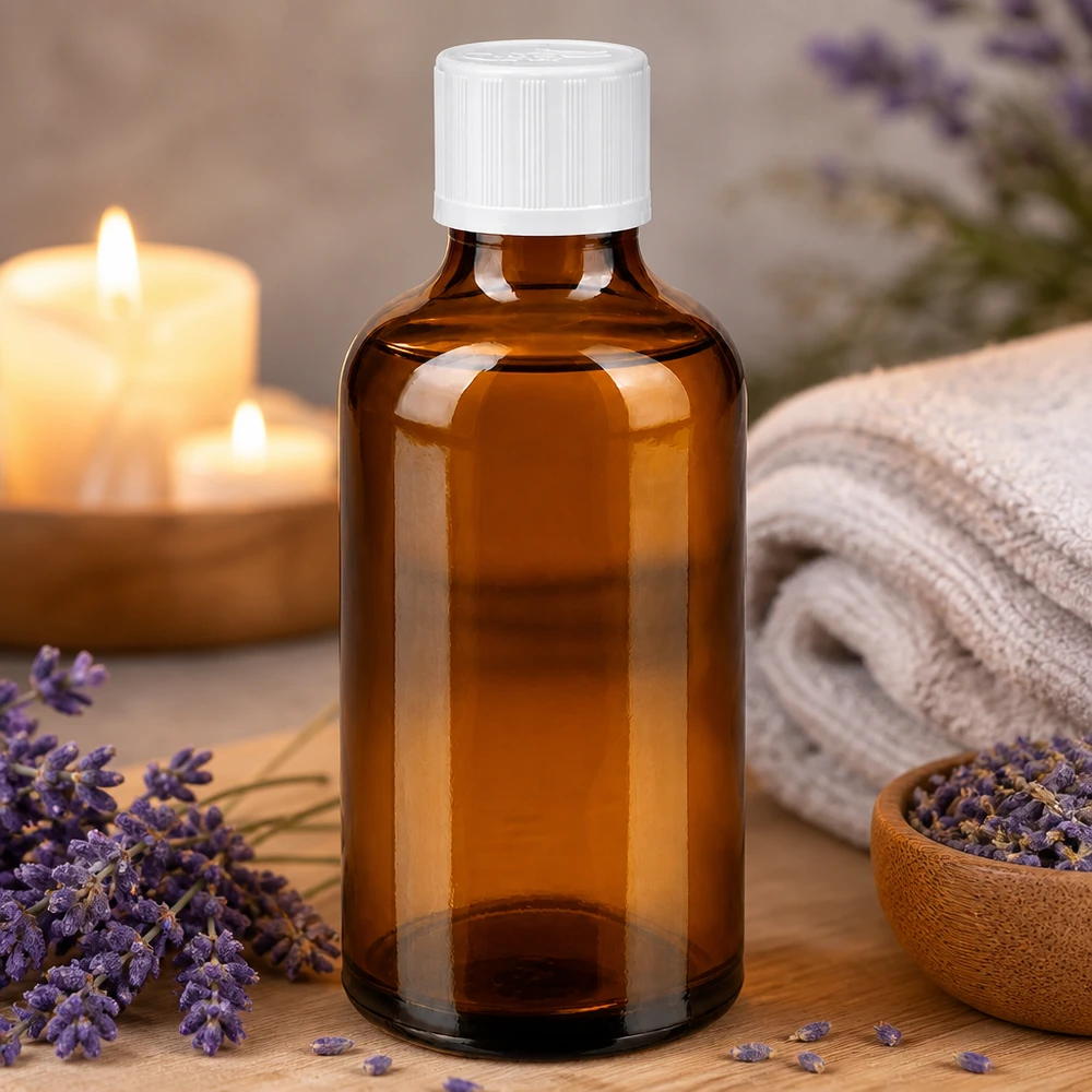 Bottiglia da farmacia marrone da 50 ml. SV STD KiSi bianco/11 mm ApoGlas Flacone da farmacia marrone da 50 ml con tappo di sicurezza per bambini bianco, accanto a fiori di lavanda e candele