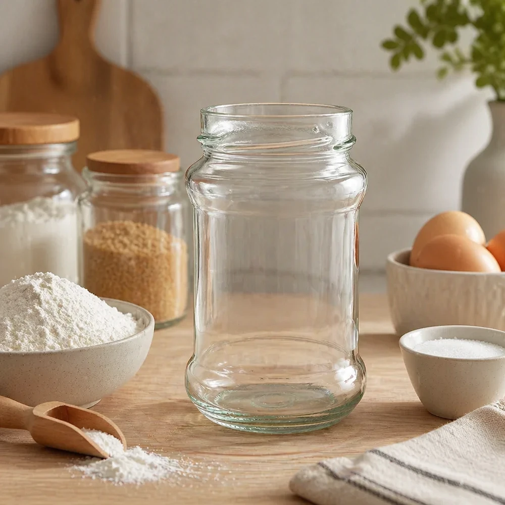 UNiTWIST Runda390 - Barattolo rotondo capacità 390ml TO66profondo UNiTWIST Runda390 vaso rotondo 390ml TO66deep vaso da conserva vuoto su tavola di legno in cucina con ingredienti da forno e uova