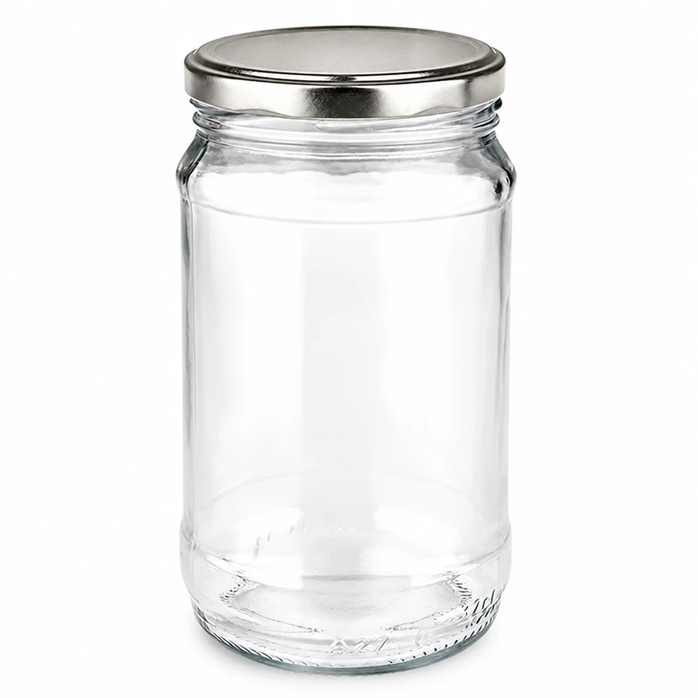Vaso di vetro rotondo da 370 ml + BasicSeal argento UNiTWIST Vaso da 370 ml con coperchio twist-off argentato BasicSeal, di forma cilindrica, realizzato in vetro trasparente di alta qualità