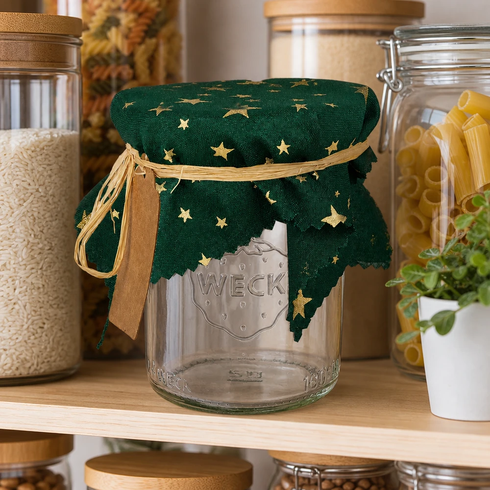 Centrino decorativo verde con motivo a stella su barattolo in ambiente cucina, rivestimento in tessuto quadrato di 15 cm decorativo