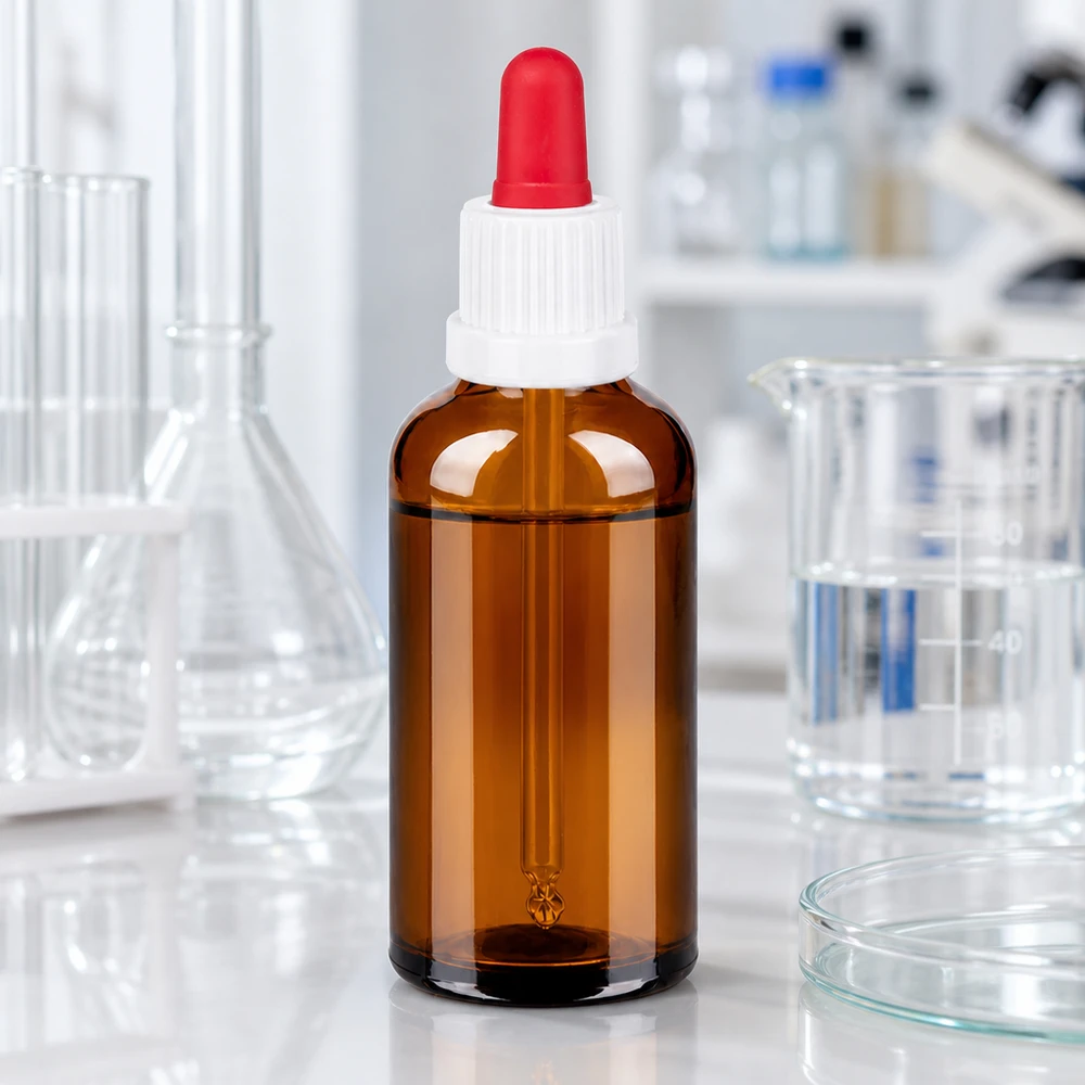 Flacone per pipette da 50 ml bianco/rosso OV BrownLine UT18/50 Flacone da laboratorio professionale da 50 ml in vetro ambrato con protezione UV e tappo contagocce ergonomico
