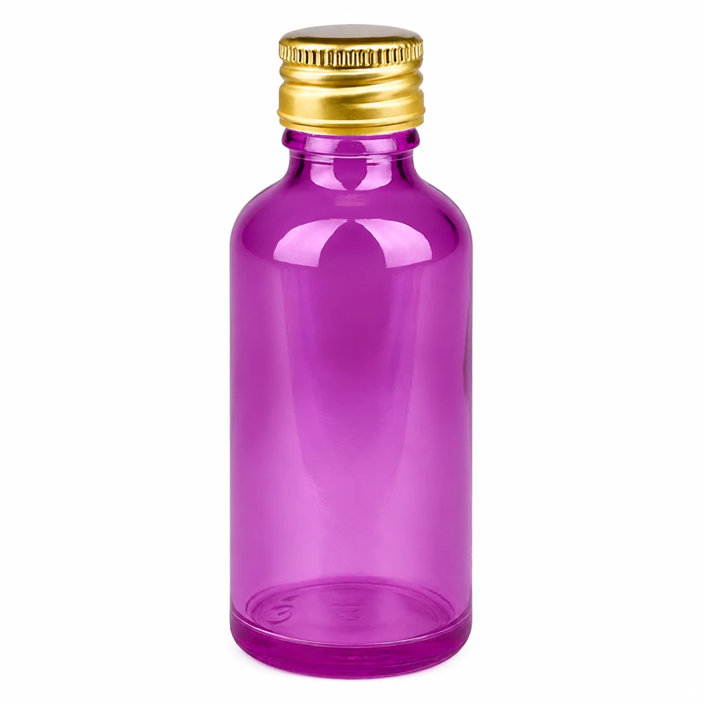 Flacone da 50ml tappo a vite 11mm alluminio oro standard PurpleLine. UT18/50 Flacone rotondo in vetro da 50 ml in elegante viola con filettatura standard da 11 mm per cosmetici fai da te
