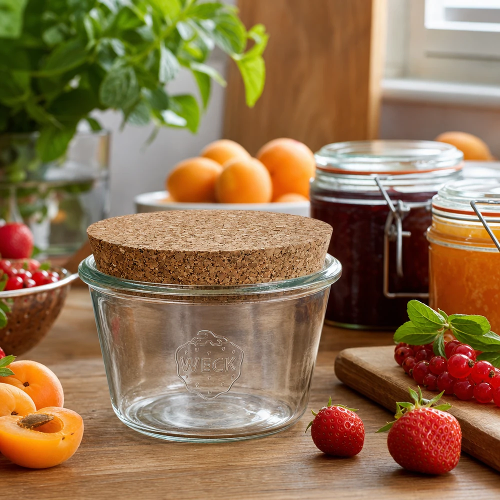 Bicchieri da 370 ml WECK RR100 con tappo in sughero naturale WECK RR100 tumbler 370ml con coperchio in sughero, scena di cucina con frutta fresca e barattoli di marmellata su tavolo in legno