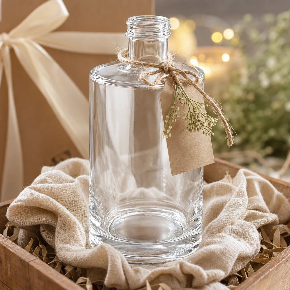 Bottiglia in vetro da 375 ml Sam senza tappo a vite UNiTWIST® Bottiglia in vetro da 375 ml Sam vuota in confezione regalo con nastro ed etichetta, presentata in modo decorativo come set regalo