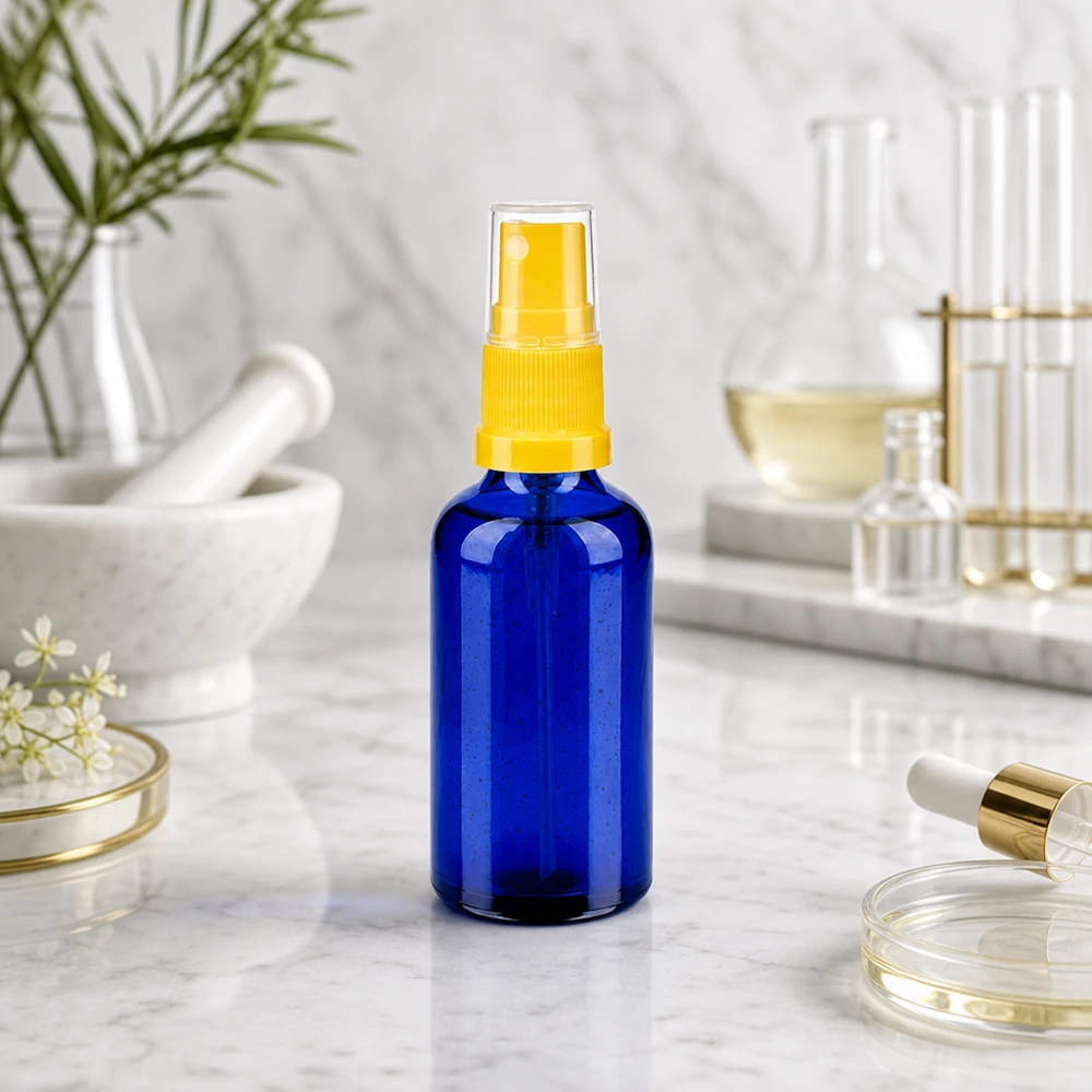 Flacone spray da 50 ml giallo/trasparente STD BlueLine UT18/50 Flacone spray di qualità da laboratorio da 50 ml in vetro scuro con testina di spruzzatura gialla resistente agli agenti chimici
