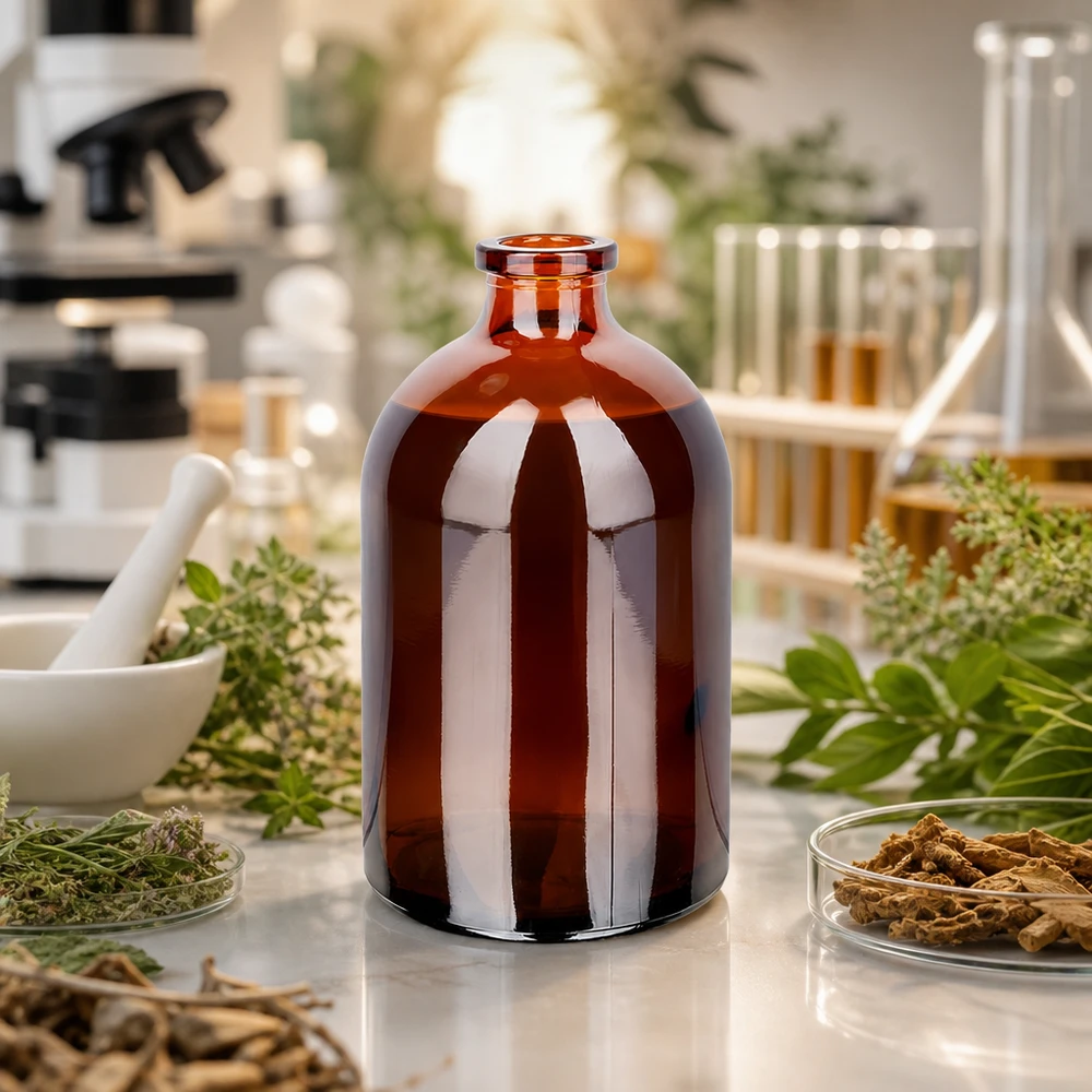 Flacone per iniezione in vetro ambrato 100ml Injektionsflasche Braunglas 100ml mit schmalem Rollrandhals umgeben von botanischen Laborproben