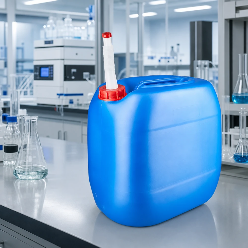 Tanica 30 litri blu con tubo di uscita Flex Tanica rettangolare da 30 litri, blu, con beccuccio flessibile, sul banco di laboratorio tra due matracci di Erlenmeyer