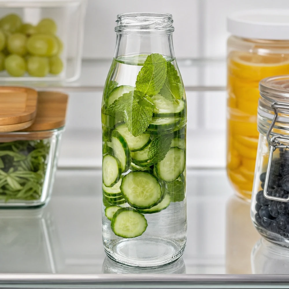 Bottiglia di vetro da 500 ml senza coperchio (TO48) UNiTWIST 500ml Glasflasche TO48 UNiTWIST mit Gurkenscheiben und Minze als Infused Water im modernen Kühlschrank