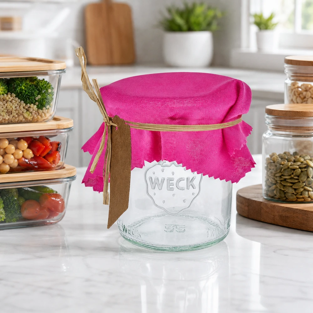 Centrino decorativo in tessuto rosa 12cm quadrato su vaso Weck vuoto con nastro di rafia in cucina moderna con vasi di stoccaggio