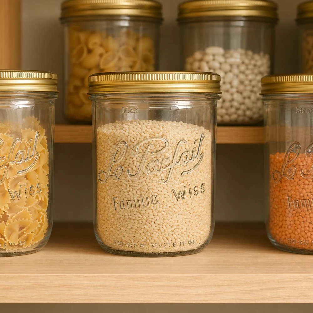 Barattolo da 1020 ml Familia Wiss con coperchio a vite, pieno di cereali, con portaoggetti e barattolo di conservazione.