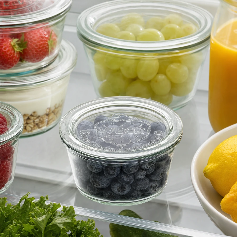 Coperchio in vetro WECK RR60 per la conservazione in frigorifero di bacche, uva e alimenti freschi in vasi Weck