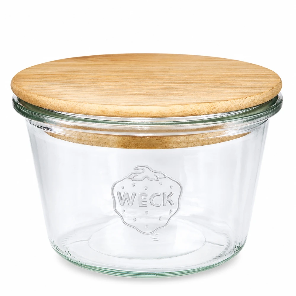 Bicchieri da 370 ml WECK RR100 con coperchio in legno Vaso in muratura WECK RR100 da 370 ml con coperchio in legno - vaso da conserva in vetro rotondo con coperchio in bambù per la cucina