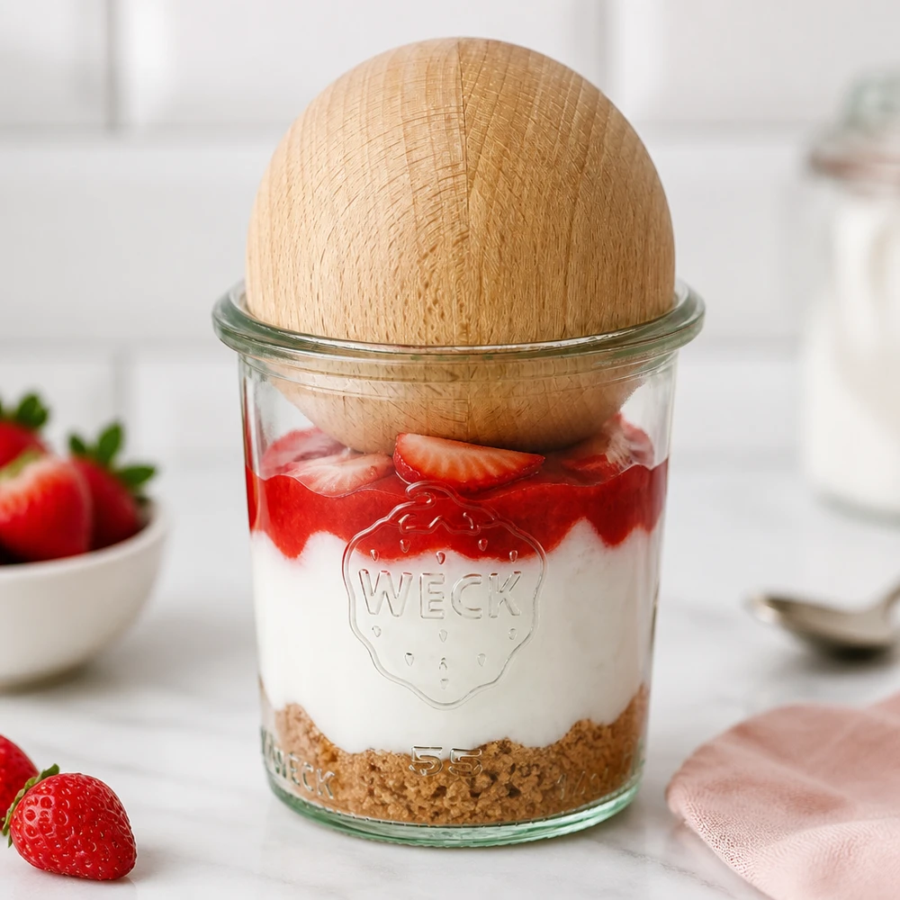 Bicchieri WECK RR60 da 140 ml con sfera in legno di faggio WECK Sturzglas 140ml RR60 als Dessertglas mit Erdbeeren und Sahne, Holzkugel aus Buche als stilvoller Deckel
