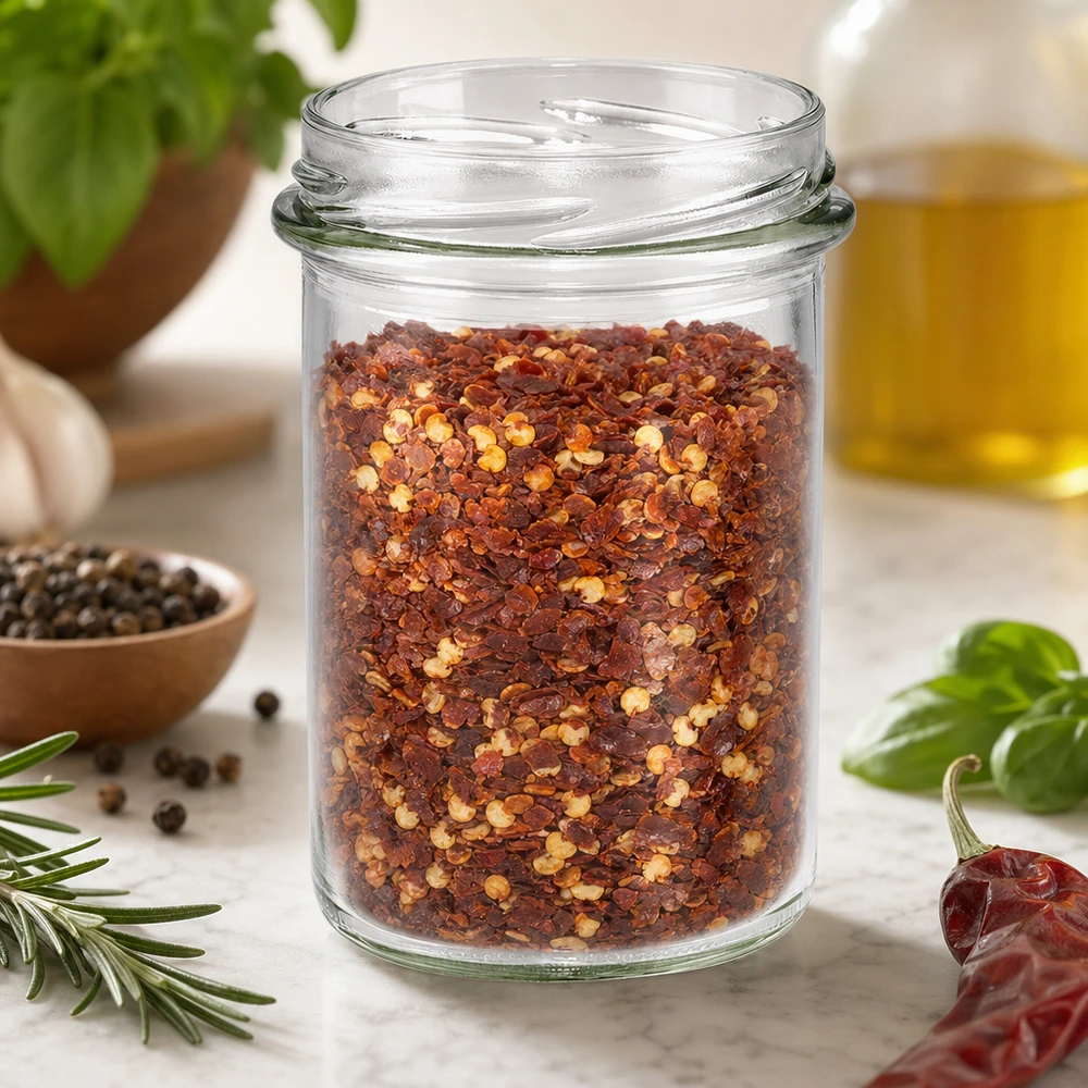 UNiTWIST Sturz230 - tumbler capacità 230ml TO66 UNiTWIST Lintel230 Barattolo Lintel 230ml TO66 pieno di miscela di spezie al peperoncino sul tavolo della cucina con erbe aromatiche