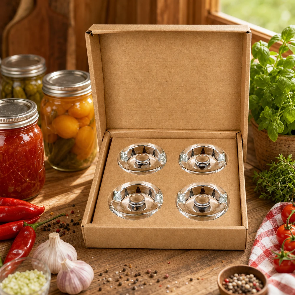 Pesi in vetro per fermentazione con manico set di 4 UNiTWIST Fermentier-Glasgewichte UNiTWIST 4er Set in Geschenkbox umgeben von frischen Kräutern Tomaten und Einmachgläsern