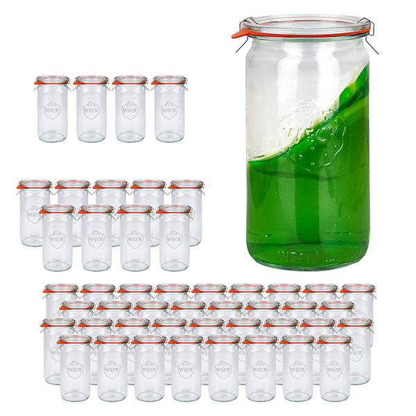 Set di 48 vasi Weck da 340 ml, cilindrici, con 48 coperchi in vetro Set di 48 vasi Weck da 340 ml, cilindrici, con 48 coperchi in vetro