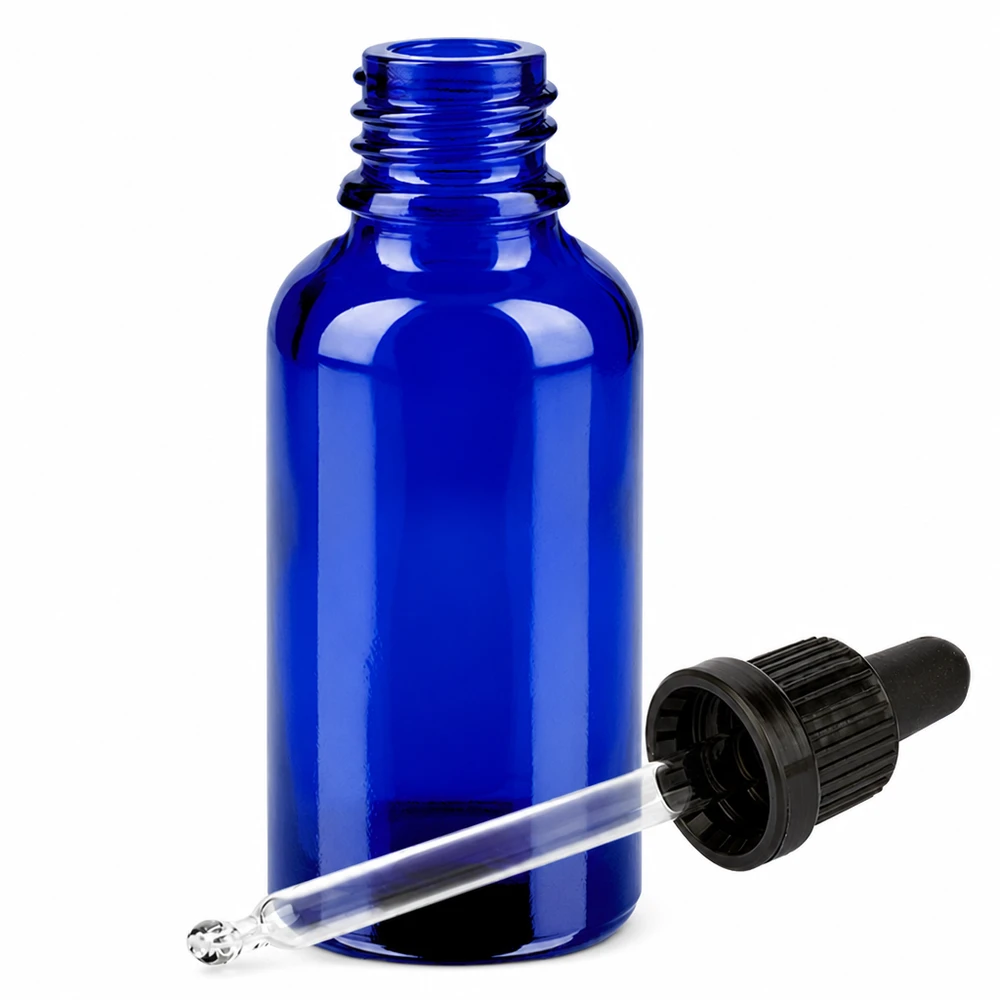 Bottiglia per pipette da 30 ml nera OV BlueLine UT18/30 Bottiglia compatta in vetro blu da 30 ml con pipetta precisa per applicazioni di laboratorio