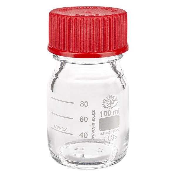 Bottiglia filettata da laboratorio da 100 ml + tappo rosso + anello Bottiglia filettata da laboratorio da 100 ml + tappo rosso + anello