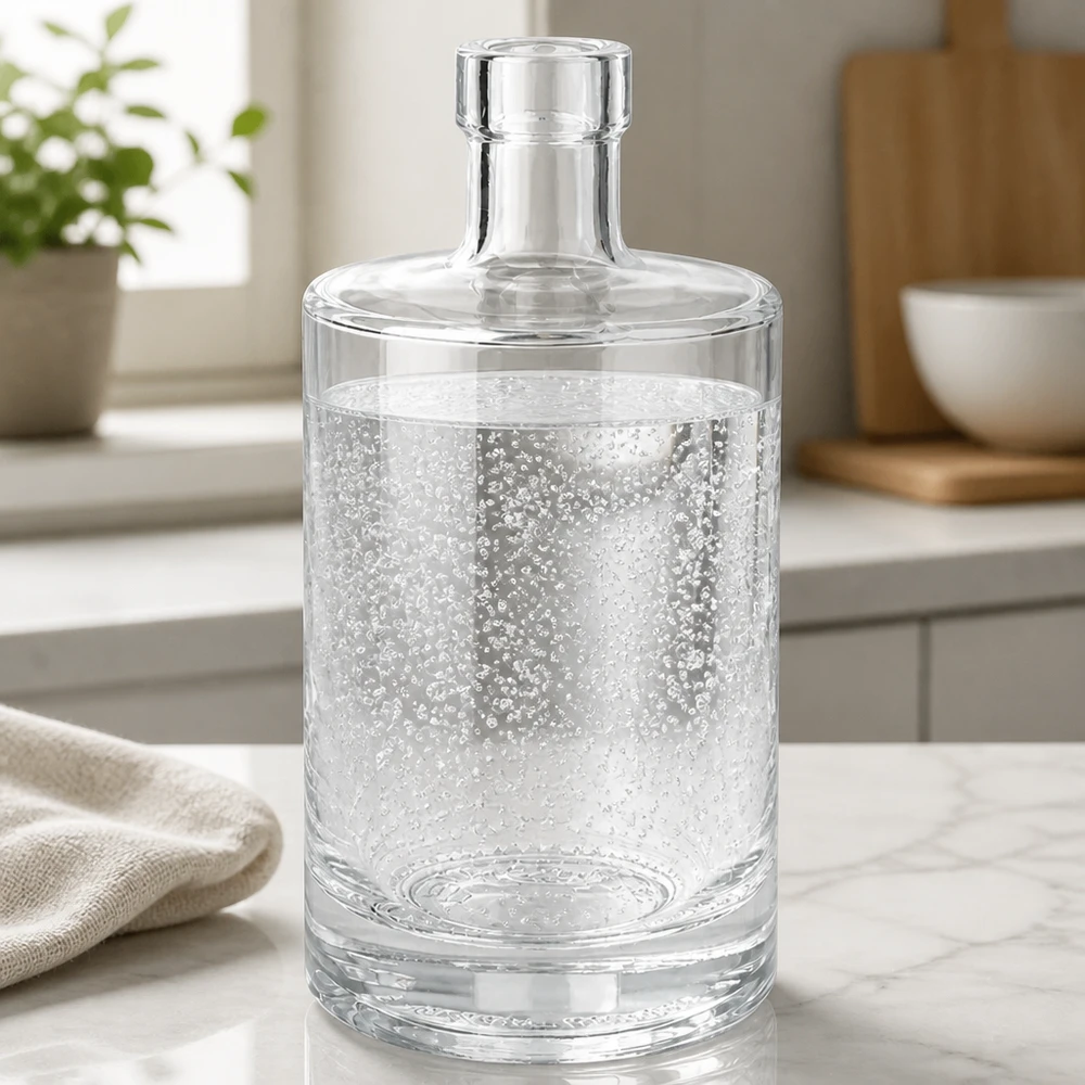 Bottiglia in vetro da 500 ml Marie senza tappo UNiTWIST® Bottiglia di vetro da 500 ml di Marie riempita di acqua minerale frizzante su un piano di lavoro in marmo in una cucina moderna