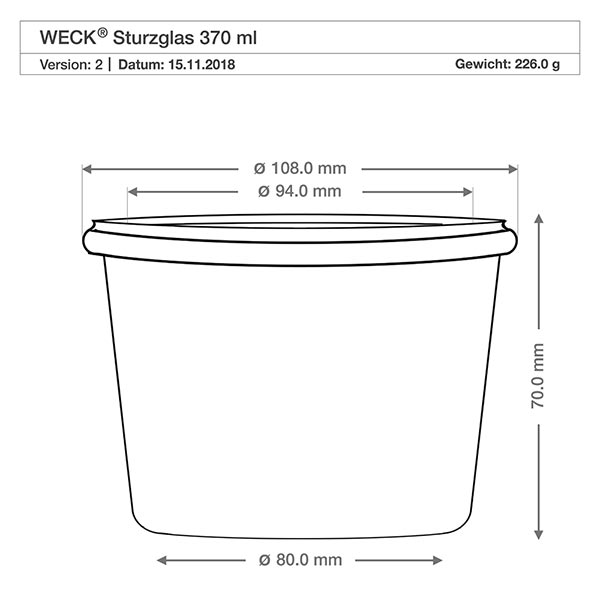 Bicchieri da 370 ml WECK RR100 WECK tumbler 370ml RR100 disegno tecnico dimensioni dimensioni 108mm diametro 70mm altezza specifiche prodotto