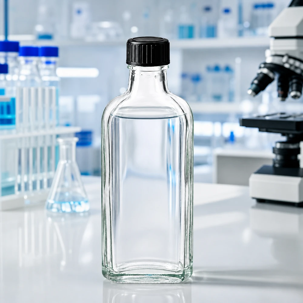 100 ml Tappo a vite trasparente Meplat con disco di tenuta LKD Flacone Meplat trasparente da 100 ml con guarnizione LKD in ambito di laboratorio professionale