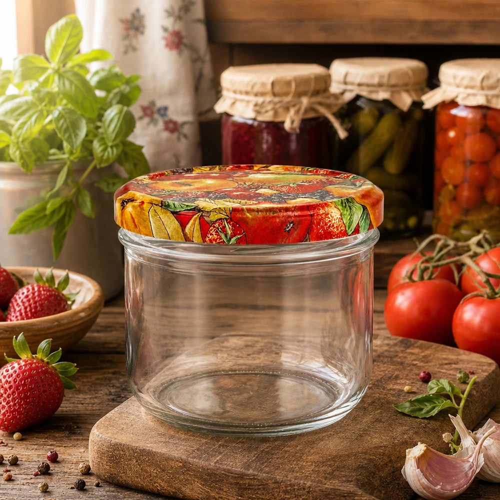 Bicchieri da 260 ml + coperchio BasicSeal per frutta UN.. Leeres 260ml Sturzglas mit dekorativem Obst-Deckel umgeben von frischen Tomaten und Erdbeeren in Küche