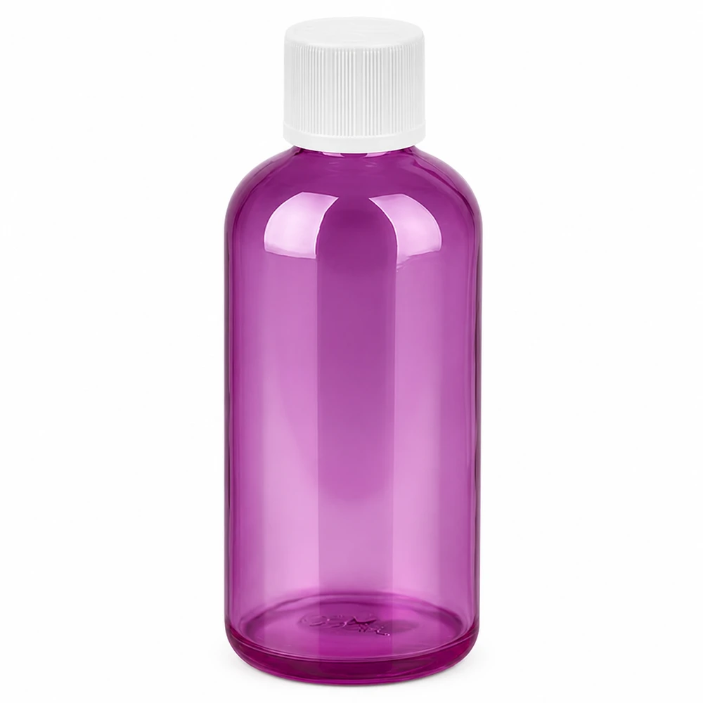 Bottiglia da 100 ml con tappo a vite bianco da 11 mm, standard PurpleLine resistente ai bambini. UT18/100 Bottiglia in PET viola da 100 ml con filettatura da 11 mm in materiale plastico trasparente di alta qualità