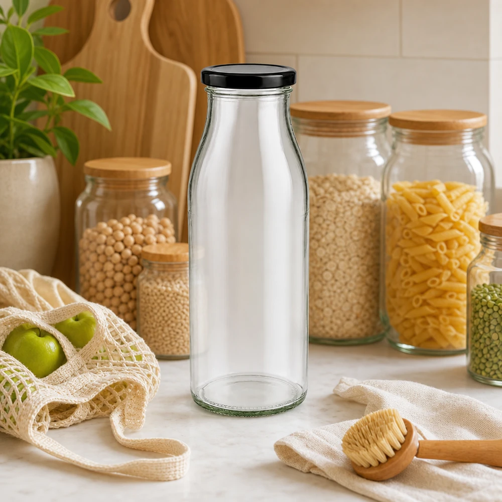 Bottiglia in vetro da 500 ml con coperchio nero in cucina a spreco zero con vasi di stoccaggio e materiali sostenibili