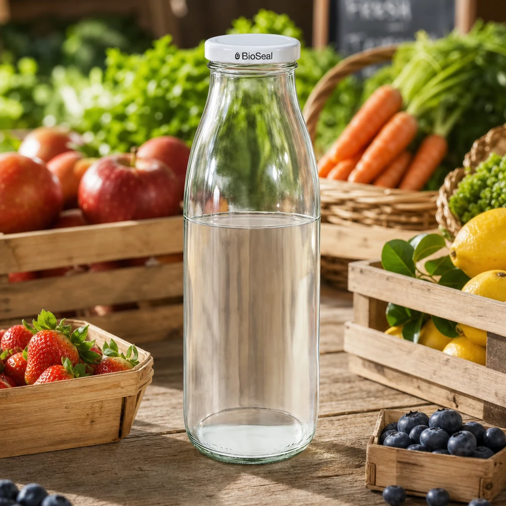 Bottiglia di vetro da 500 ml + coperchio BioSeal bianco UN.. 500ml Glasflasche mit BioSeal Deckel auf Marktstand zwischen frischem Obst und Gemüse, ideal für Säfte und Smoothies