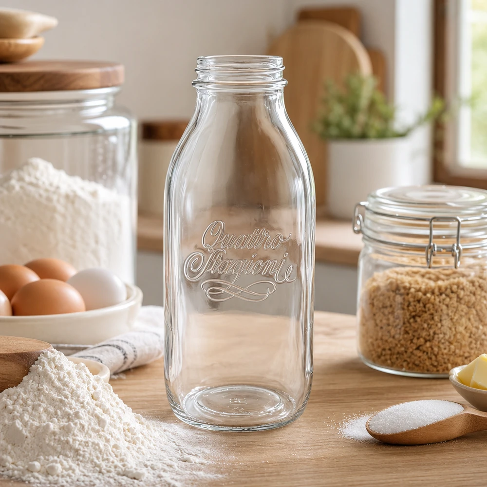Bottiglia in vetro Quattro Stagioni da 1000 ml a bocca larga in una cucina rustica con ingredienti da cucina e barattoli di stoccaggio