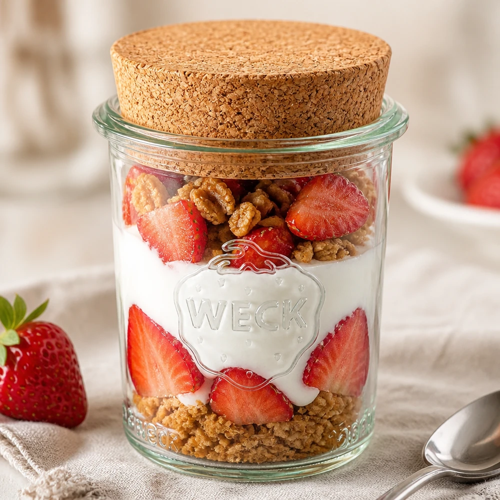 Bicchieri da 160 ml WECK RR60 con tappo in sughero naturale Vasetto WECK 160ml RR60 riempito con yogurt fragole e noci come dessert in vasetto con coperchio in sughero