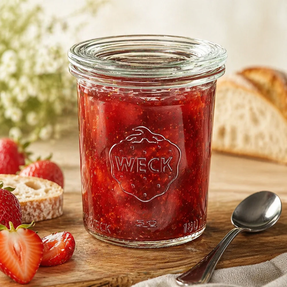 WECK RR60 Vaso da 160 ml con marmellata di fragole rosse e cucchiaio, decorato con pane e fragole