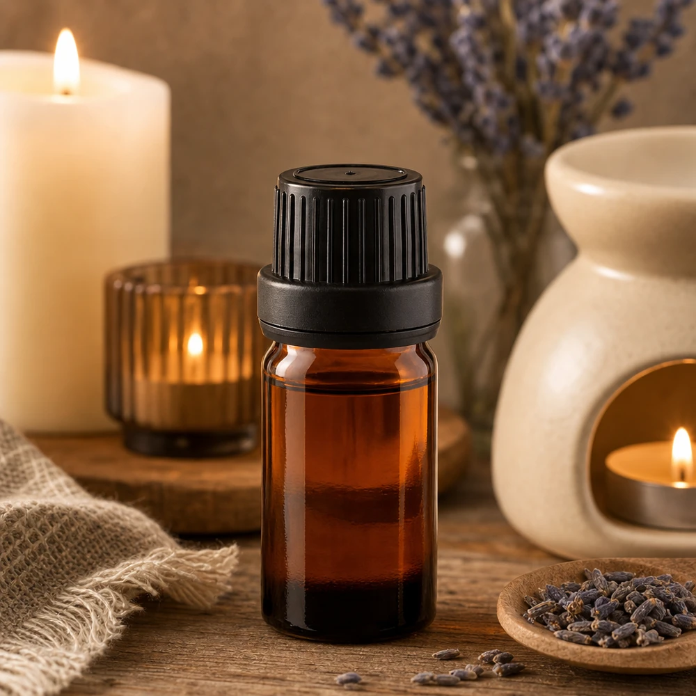 Bottiglia da farmacia marrone da 5 ml. SV OV nero/11mm ApoGlas Flacone da 5 ml in vetro ambrato con tappo di sicurezza nero da 11 mm, circondato da lavanda e candele