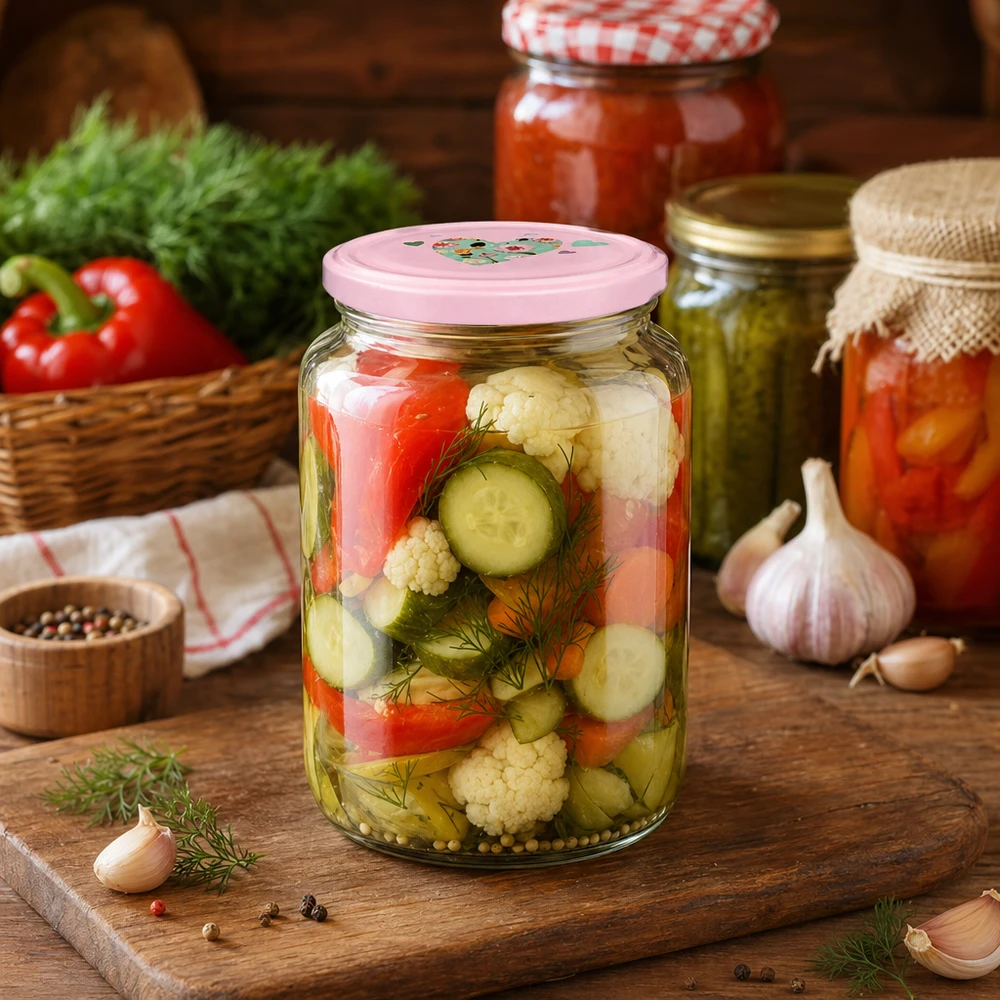 795ml vaso rotondo + coperchio BasicSeal cuore rosa UNiTWIST Rundglas 795ml mit rosa Herzdeckel befüllt mit eingelegtem Gemüse Gurken Blumenkohl Paprika in rustikaler Küche