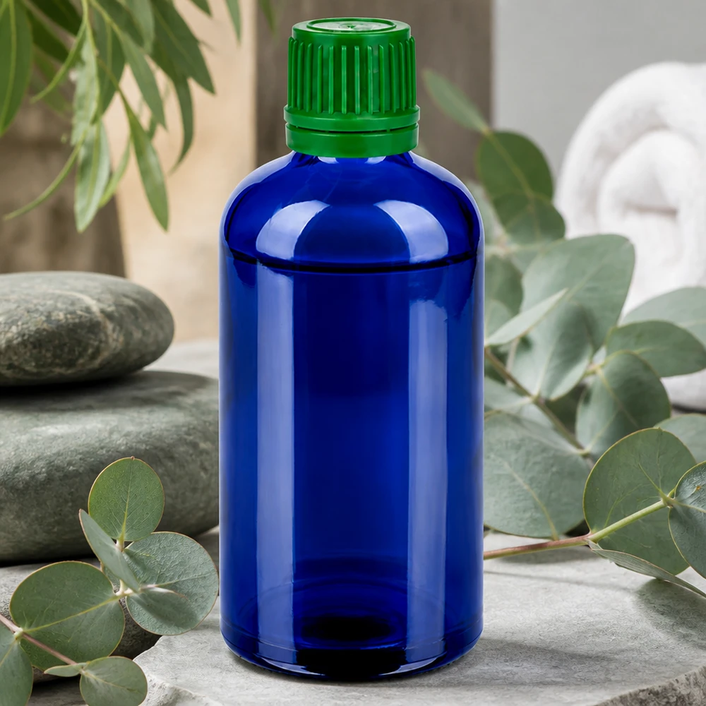 Bottiglia da 100ml 11mm SV verde OV BlueLine UT18/100 Robusto flacone per medicinali in vetro blu spesso da 100 ml con tappo verde sicuro