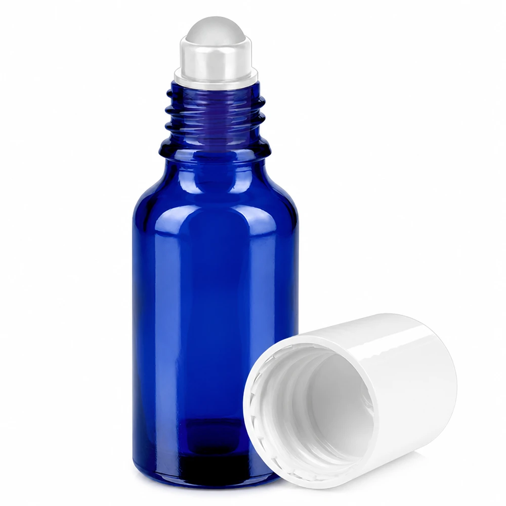 Flacone roll-on da 20 ml bianco STD BlueLine UT18/20 Piccolo flacone di vetro blu da 20 ml con tappo roll-on, ideale per i viaggi e per gli spostamenti.