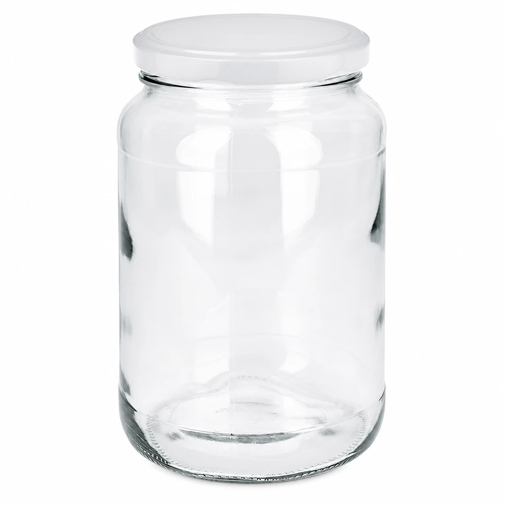 Barattolo rotondo da 1700 ml con coperchio BasicSeal bianco UN.. Vaso rotondo da 1700 ml con coperchio BasicSeal bianco Vaso di conservazione certificato ONU Vaso di conservazione trasparente vuoto