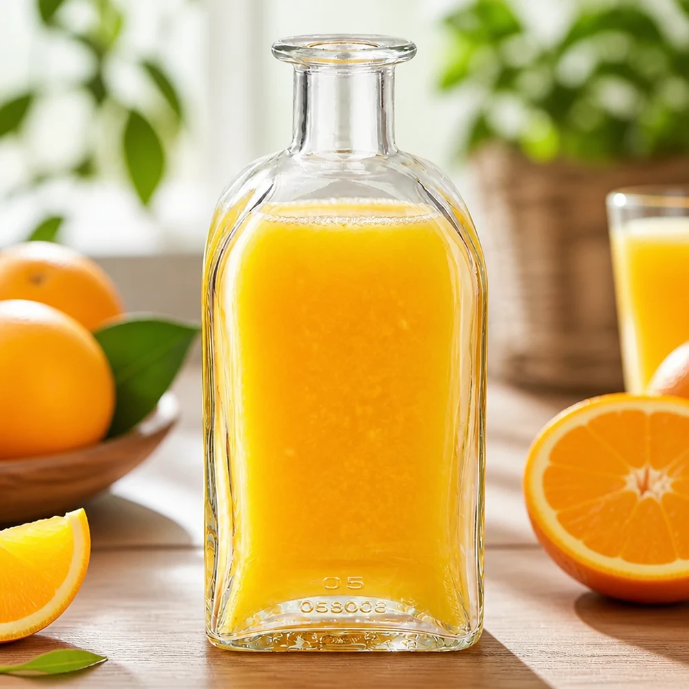 Flacone farmaceutico da 500 ml Julia senza tappo UNiTWIST® Bottiglia di vetro Julia da 500 ml riempita di succo d'arancia, circondata da arance fresche e fette d'arancia su un tavolo di legno.