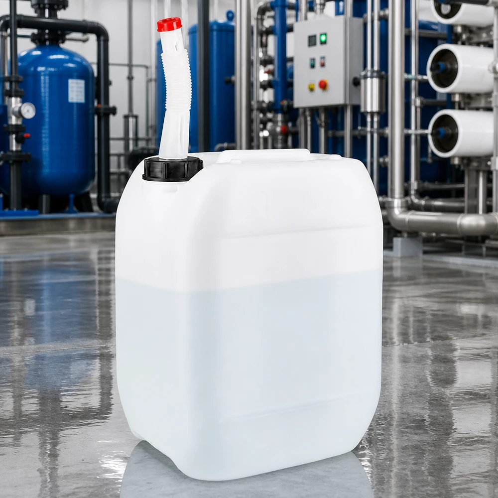 Tanica da 10 litri con tubo di uscita flessibile Robusto contenitore industriale da 10 litri con tubo di scarico flessibile in un moderno impianto di trattamento delle acque