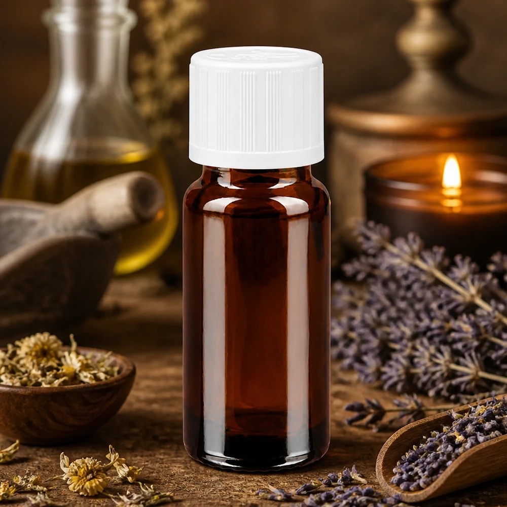 Flacone contagocce da 10 ml in vetro da farmacia di colore marrone con tappo di sicurezza per bambini bianco su base in legno